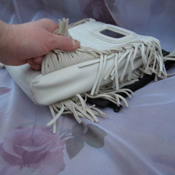 🍦 NWT $360 Maje Ecru Vanilla Leather Croco Fringe bag - Picture 7 of 15